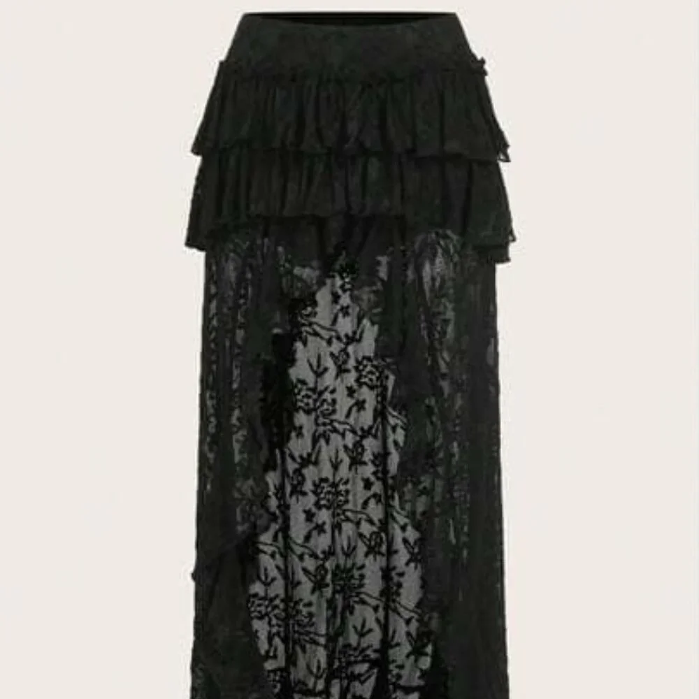 SHEIN ICON Black Lace High Low Tiered Skirt | Size M - Picture 1 of 8